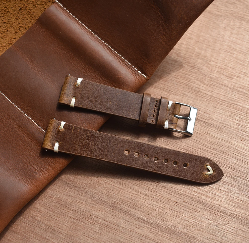 

Handmade Vintage Genuine Leather Watch Band 18mm 20mm 22mm Yellow Green Watchband Stainless Steel Buckle Watch Strap for Watch