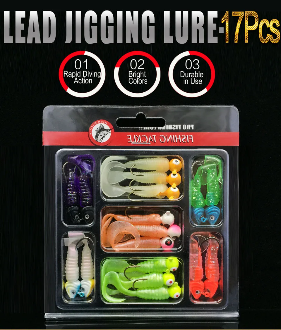 

34Pcs Soft Bait Worm Carp Fishing Lure Set 17 Jig Head + 17 Grub 6CM/7G 5CM/4G Lead head Hooks Suite Fishing Silicone Bait