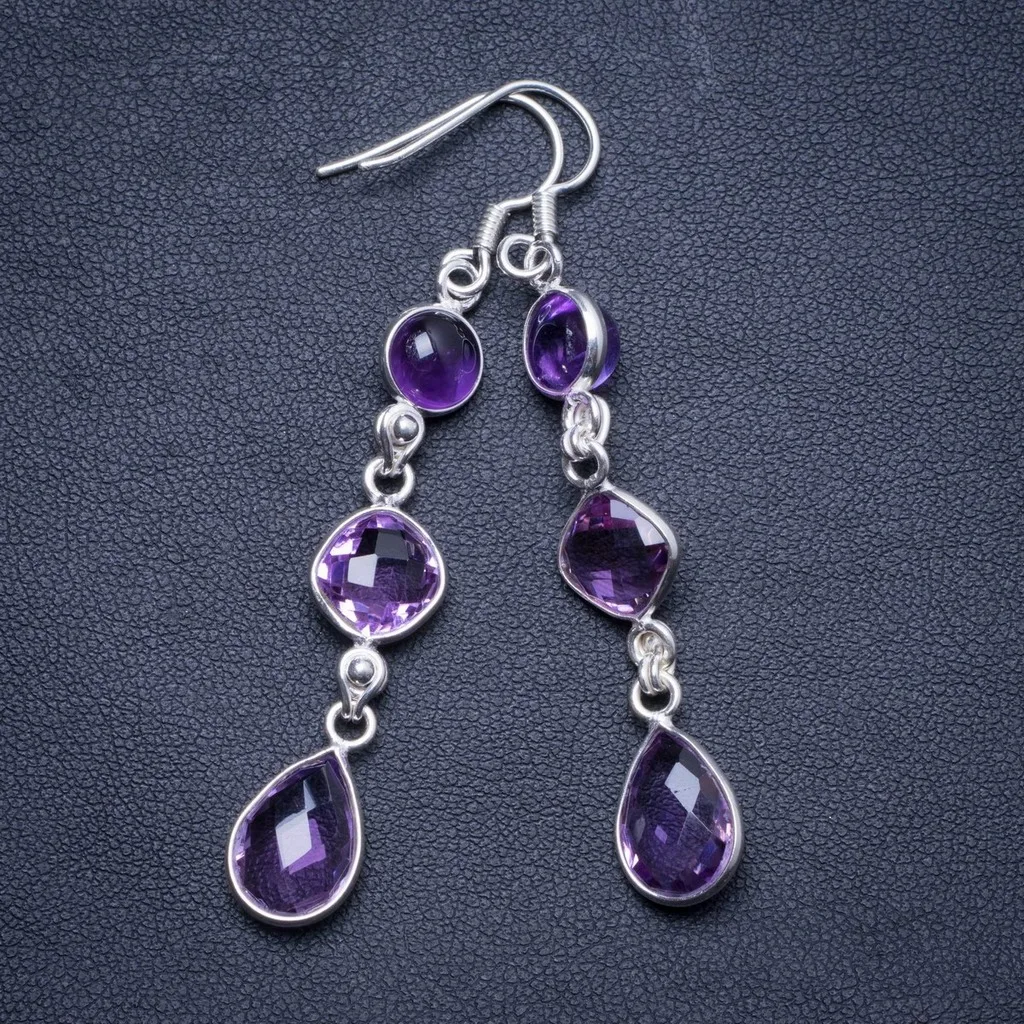StarGems (tm) Природный аметист Handmade Уникальные 925 стерлингов Серебряные Серьги 2 5