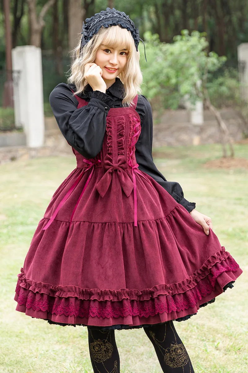 

Fashion brand janpanese style kimono ruffles stitching sleeveless dress female velvet fabric thicker lolita dress with bow wq806