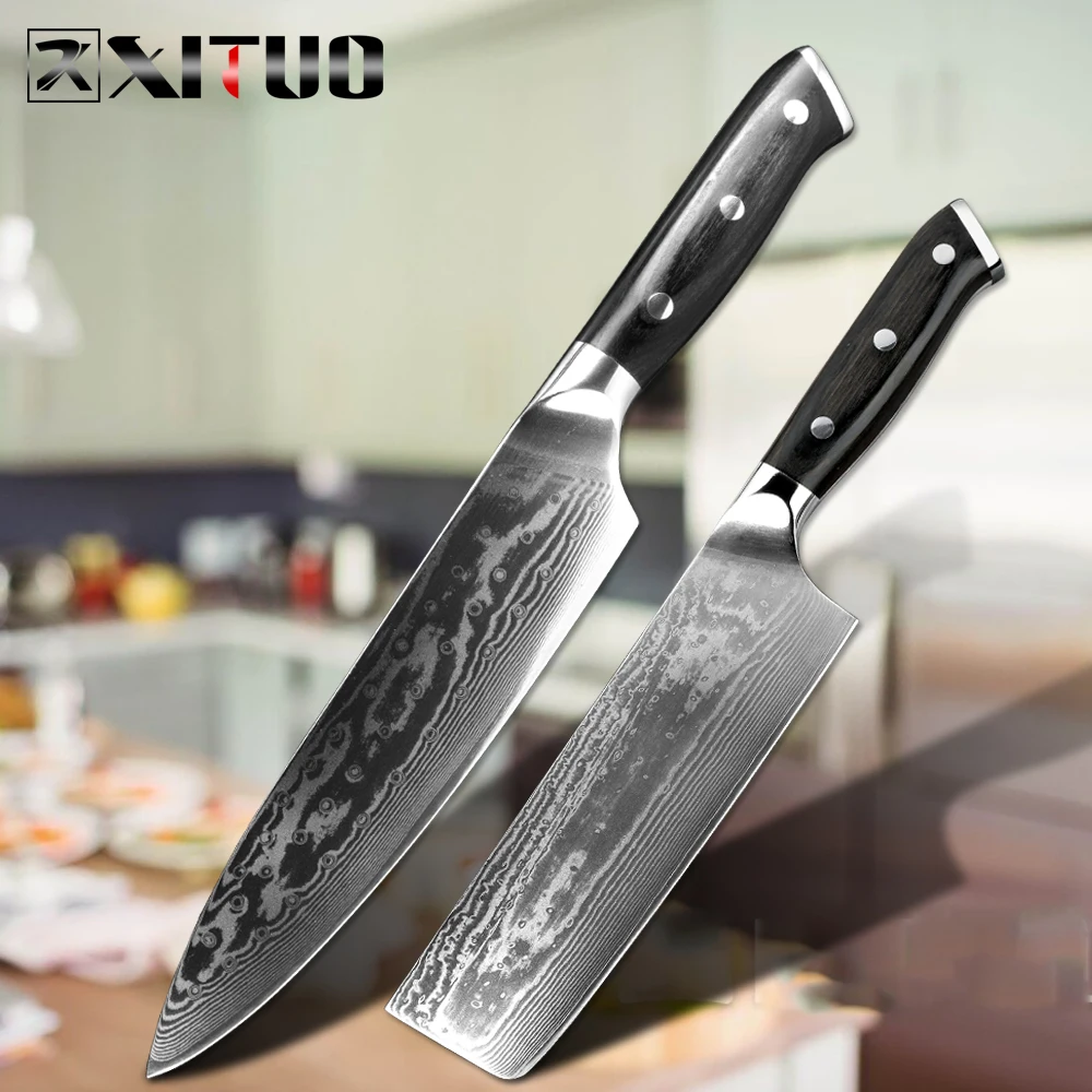 2PCS set Нож для шеф-повара XITUO, кухонный нож, острый срез, филе для рыбы, дамасская сталь, высокое качество, универсальный измельчитель для овощей, кухонные инструменты - Цвет: 2PCS set