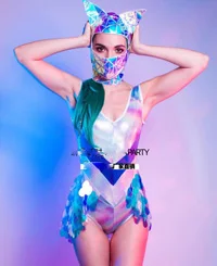 full set Сексуальный ночной клуб костюм с пайетками Женщины Девушки сценическая одежда лазер боди кошка маска ГОГО одежда будущее космическое шоу - Color: full set