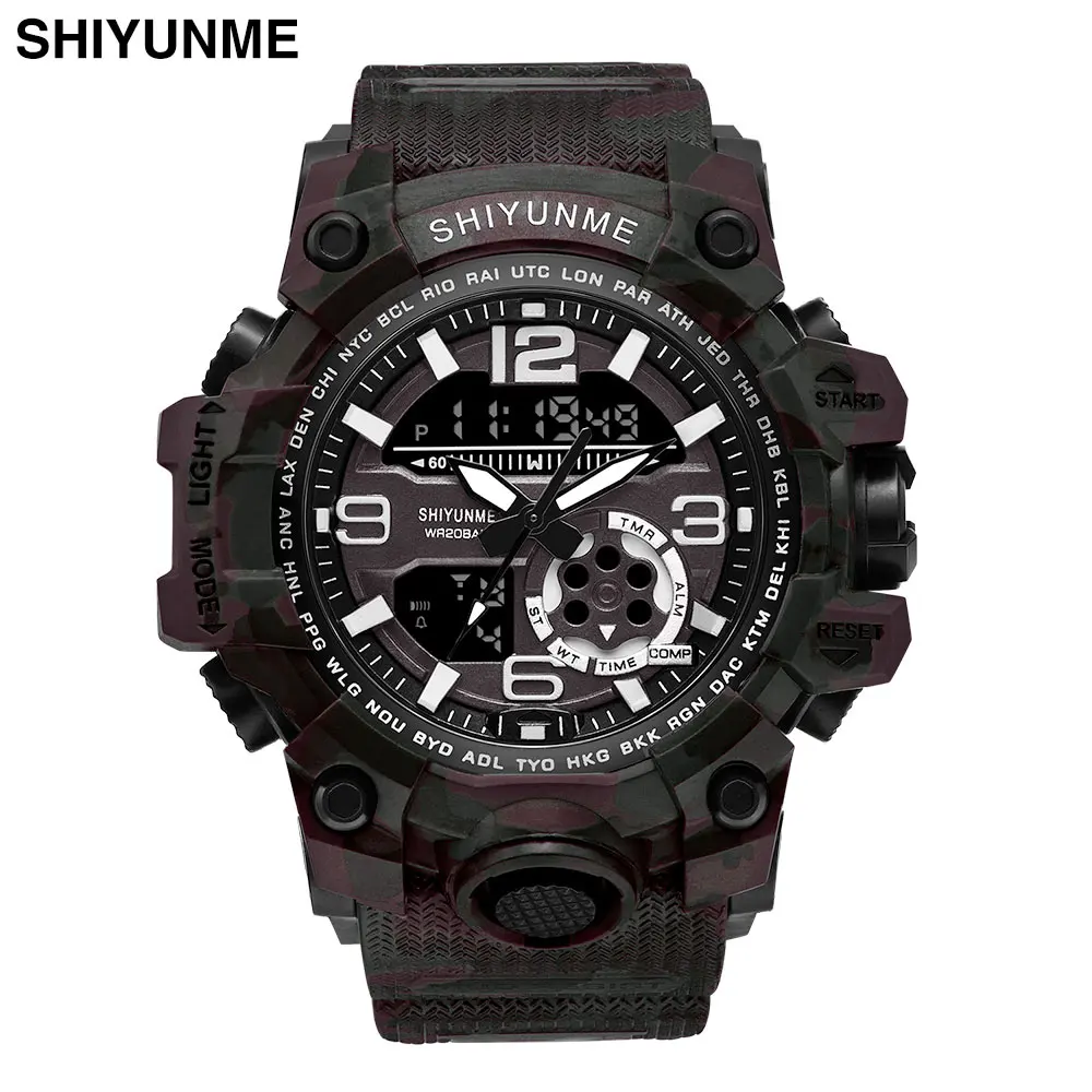 2019new Brand Sports Watches Men Dual Time Camouflage Military Watch Men Army LED Digital Wristwatch 50M Waterproof Men's Clock - Цвет: Кофе