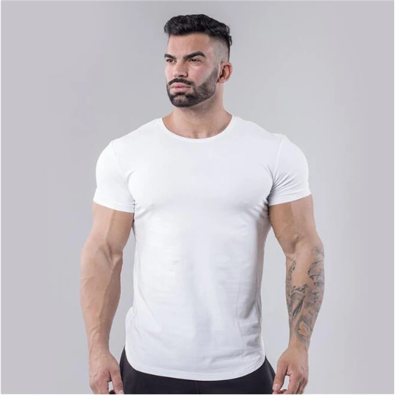 Muscleguys Brand Men's Fitness Short Sleeve T-shirts Cotton Gyms T shirt Plain Arc hem Breathable Stretch Slim fit Tee shirts images - 6