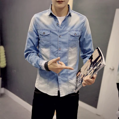2018 высокое качество с длинным рукавом Джинсовые рубашки Для мужчин повседневная