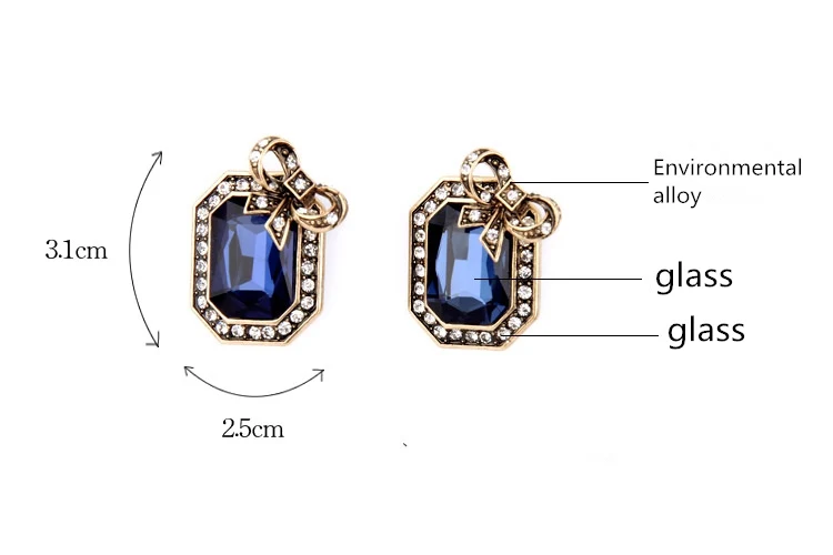 Женские квадратные серьги-гвоздики с бантом красные и синие кристаллами