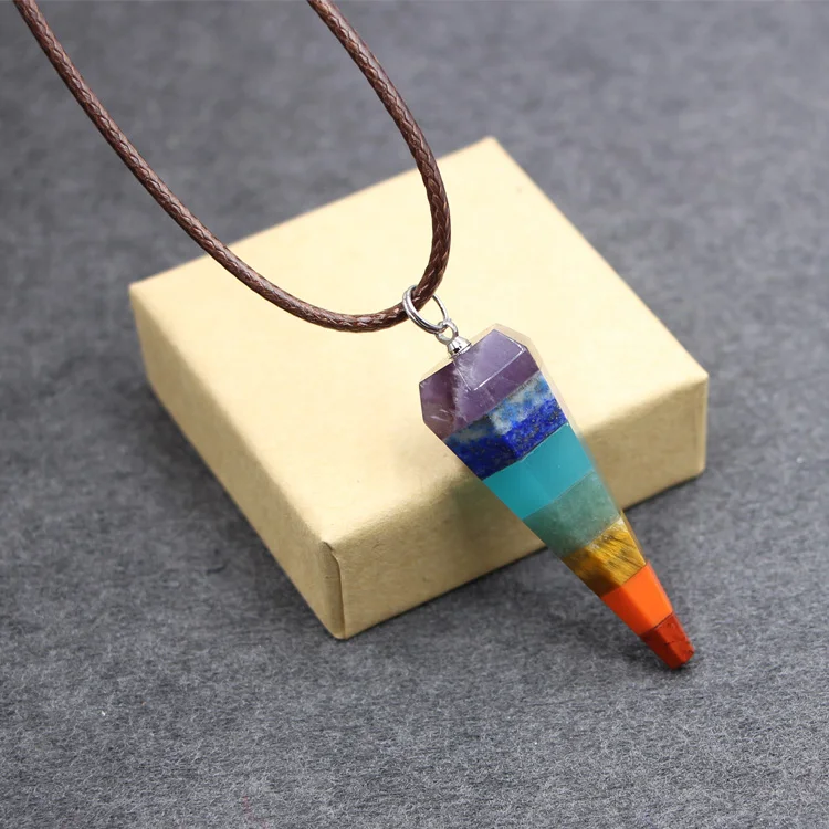 Natural crystal energy stone colorful chakra cone spirit swing sweater chain necklace men and women pendant hypnosis props | Украшения и