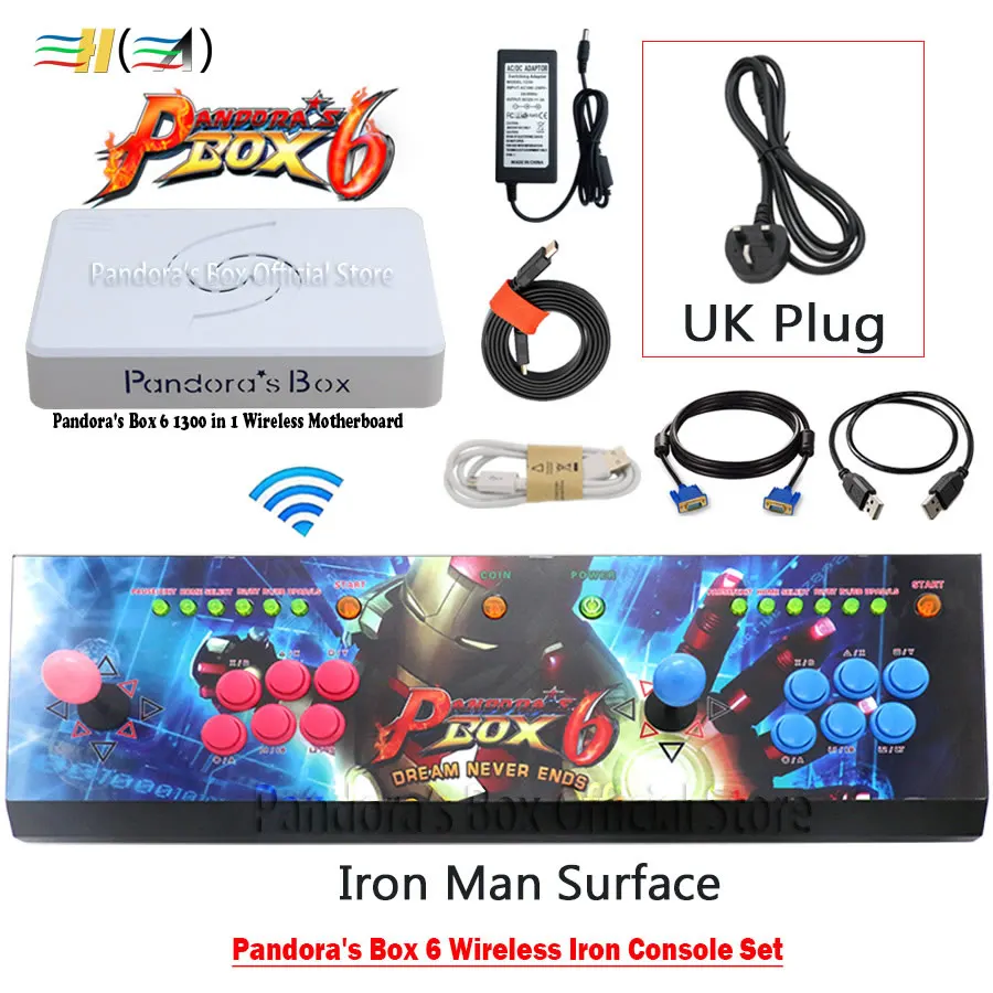 Iron Man UK plug 3а оригинальная игра Pandora's Box 6 1300 в 1 беспроводной аркадный джойстик 2 игрока железная консоль Комплект HDMI VGA usb для ПК ТВ ps3 Tekken - Цвет: Iron Man UK plug