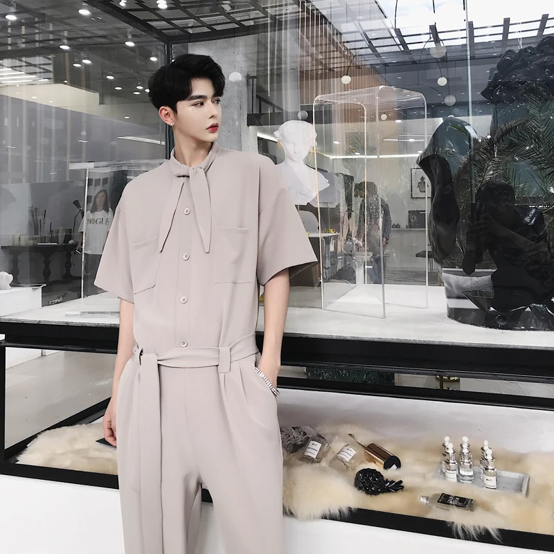 

M-XXL!! Summer catwalk new alternative bow tie design jumpsuit tide brand men's literary loose nine points jumpsuit.
