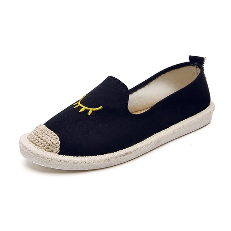 summer ladies flat shoes embroidered eye pattern women's espadrilles rubber soles with linen toe casual fashion loafers - Цвет: black