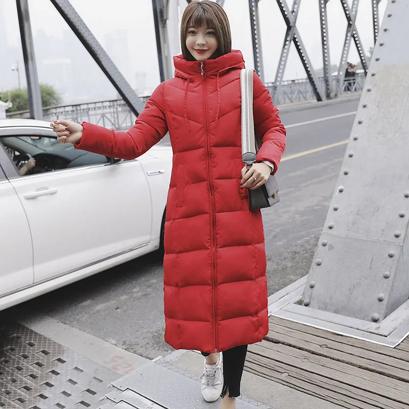 Красный 30 градусов Женская куртка X-long Parkas, плюс размер, M-6XL, повседневная плотная теплая куртка X-long с капюшоном, верхняя одежда - Цвет: Красный
