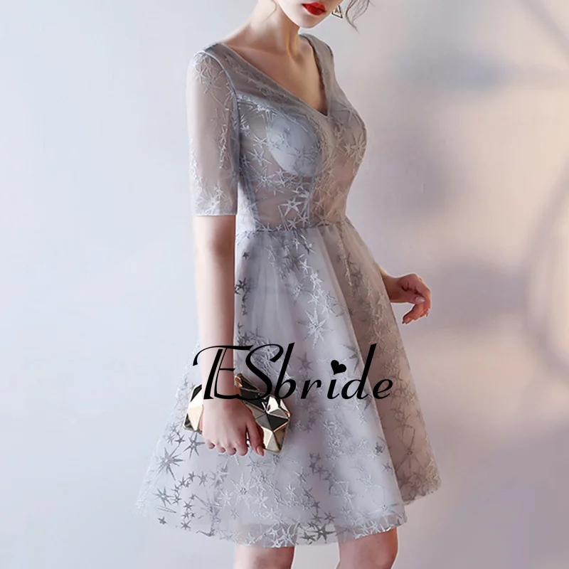 2017 серебряный цвет двойной v короткие платья выпускного вечера одеяние де вечер