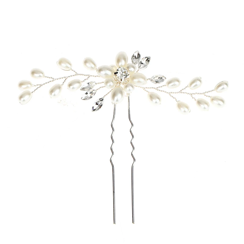 

1PCS Silver Gold Bride Head Piece Crystal Flower Leaf U Shape Hair Sticks Pearl Clip Vintage Pins Wedding Hair Accessories