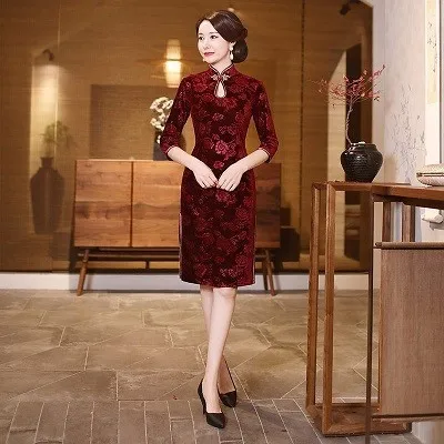 china red velvet Sheng Coco Восточное бархатное платье Чонсам с китайским принтом Qipao элегантное эластичное бархатное платье-корсет Классический Qipao Китай 4XL - Цвет: china red velvet