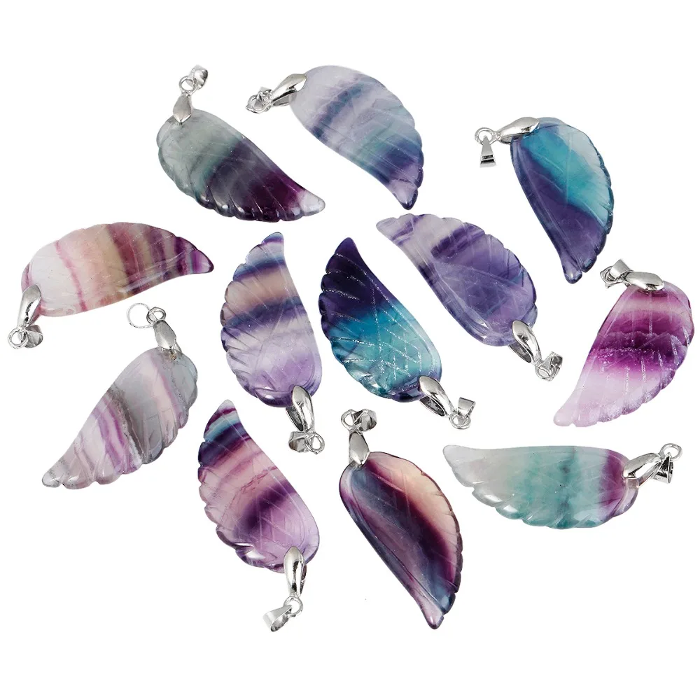 

SUNYIK Natural Fluorite Carved Angel Wings Reiki Chakra Healing Pendant Beads Fit Necklace