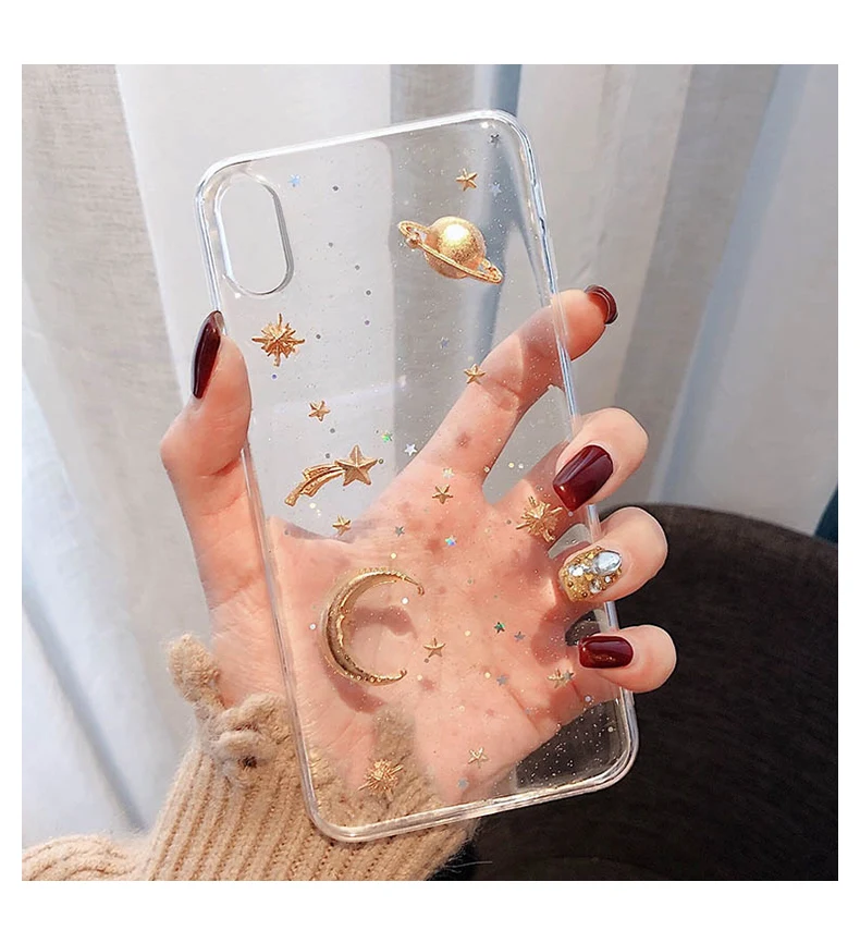 Модный сверкающий Блестящий Звездный лунный чехол для телефона для iphone 6 6s 7 8 plus прозрачная задняя крышка для iphone X XS MAX XR чистый мягкий чехол