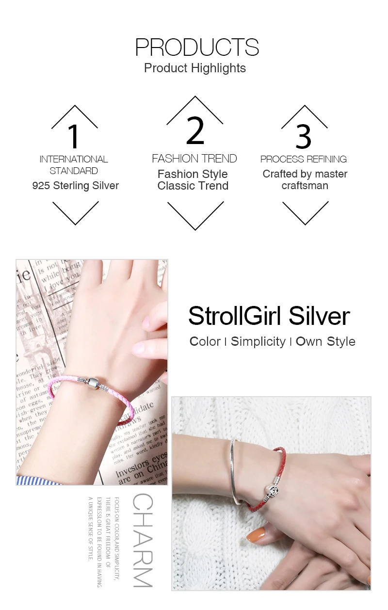 Strollgirl Оригинальное 925 пробы серебро Розовый и красный цвет натуральная плетёный кожаный браслет-цепочка "Змейка" Браслеты со снежинками; украшение с качественным фианитом Для женщин подарок