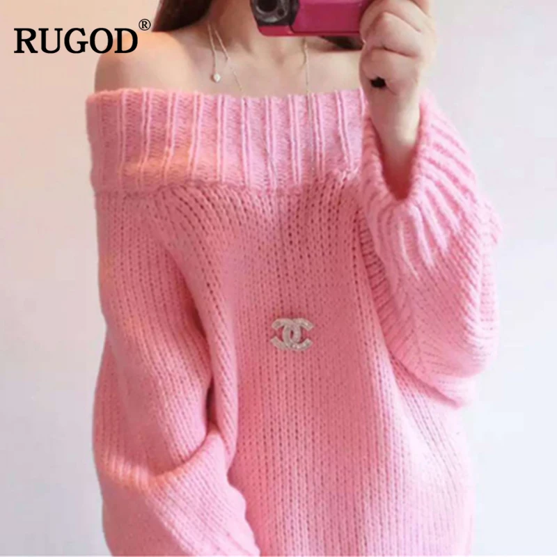 Новинка длинный женский свитер RUGOD с открытыми плечами однотонные свободные