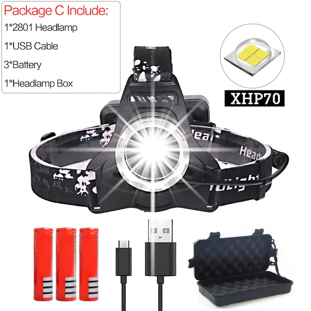 C 50000lm xhp70 очень яркий фонарь Светодиодные фары usb перезаряжаемые Глава Факел xhp70 фонари 3*18650 батарея Охота Кемпинг - Испускаемый цвет: C