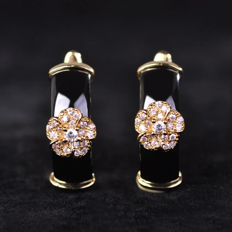 Горячие Черные Керамические Серьги и Кольцо Установить 18 К Позолоченные Медные CZ