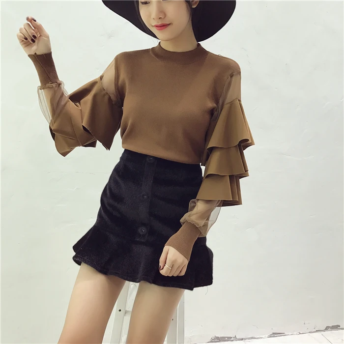 Женские вязаные свитера топы костюмы женский свитер с оборками и сетчатым