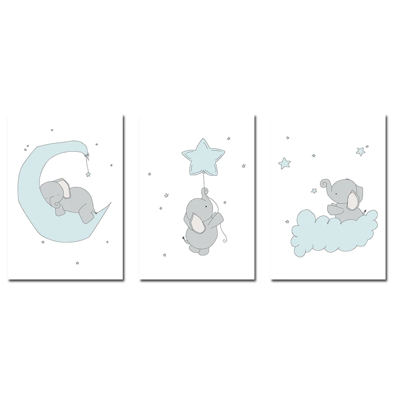 3 pcs Set NDITB милый мультфильм слон Луна холст Художественная живопись плакаты принты декоративная картина Детская Спальня отделка детской стены - Цвет: 3 pcs Set