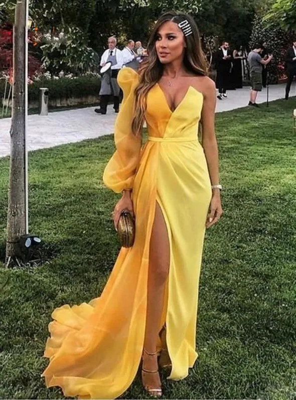 picture color Желтое длинное вечернее платье с рукавами, vestido de festa, пикантное платье на одно плечо, выпускные платья, платья на заказ, вечерние платья Abiye - Цвет: picture color