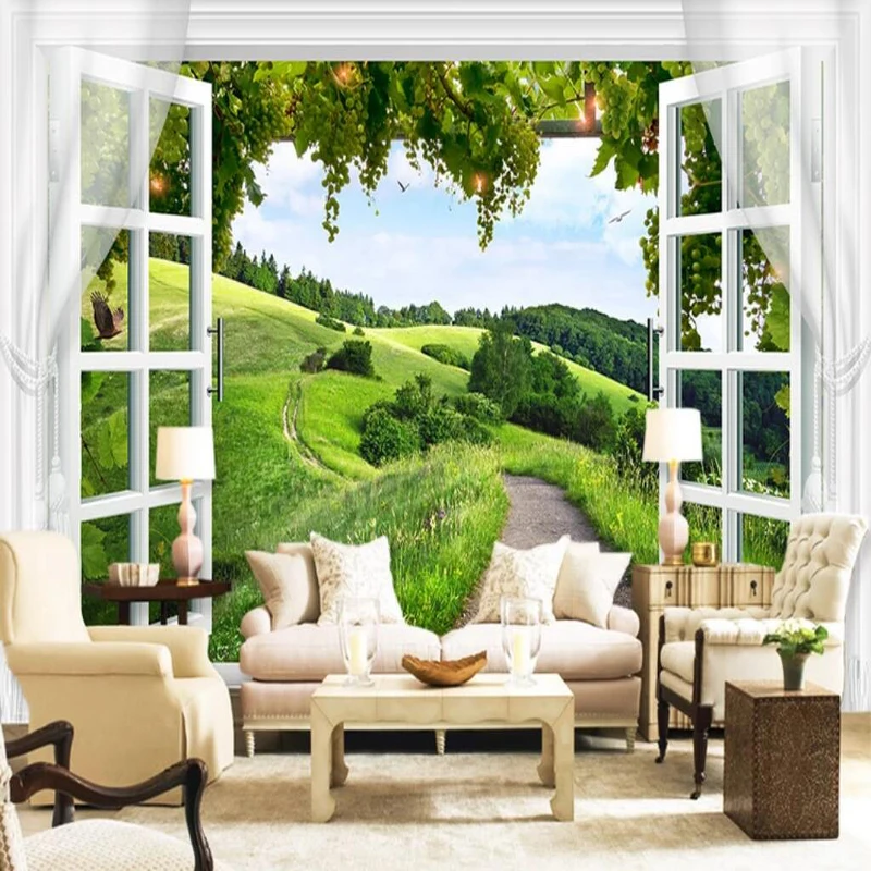 

European 3D window grape TV background wall