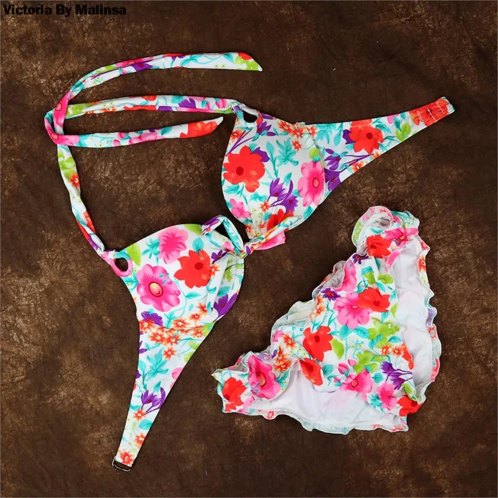 Sexy Underwire Bikinis Set Bikini top Push Up Swimwear Women Thick pad Swimsuit Secret Bottom Beach Bathing Suit Red Pinting
