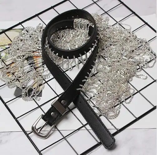 black-silver Новая роскошная длинная бахрома в стиле бохо с кисточками, Хрустальный пояс, индивидуальный кожаный черный ремень, женский серебряный шикарный пояс, женские ременные аксессуары - Цвет: black-silver