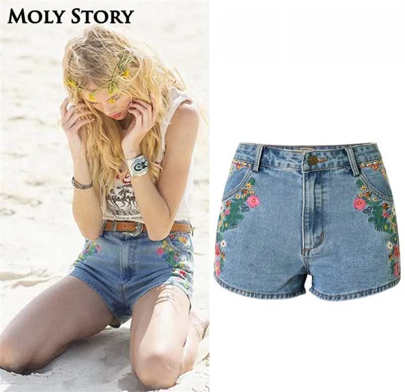 Шорты женские джинсовые в этническом стиле шикарные с 3D цветочной вышивкой