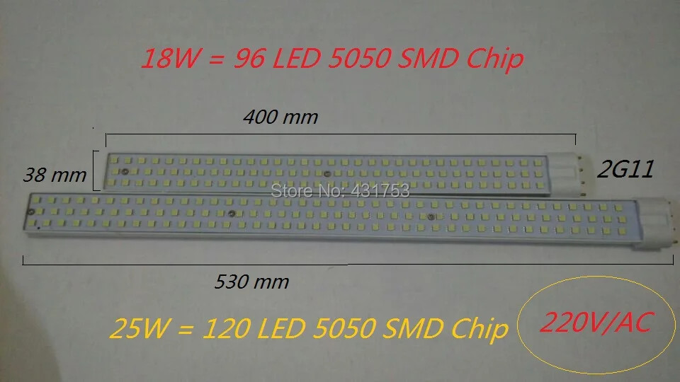 Оптовая продажа 50 шт./лот 2G11 18 Вт 25 Пробки Сид 4Pin 5050 SMD Led U Лампы Pure White AC 220 В