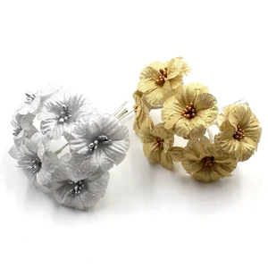 Искусственный цветок 12 шт.лот, букет из шелка, золота, серебра, рождественский цветок для свадьбы, украшение для дома, вечеринки, искусственные тычинки, цветы