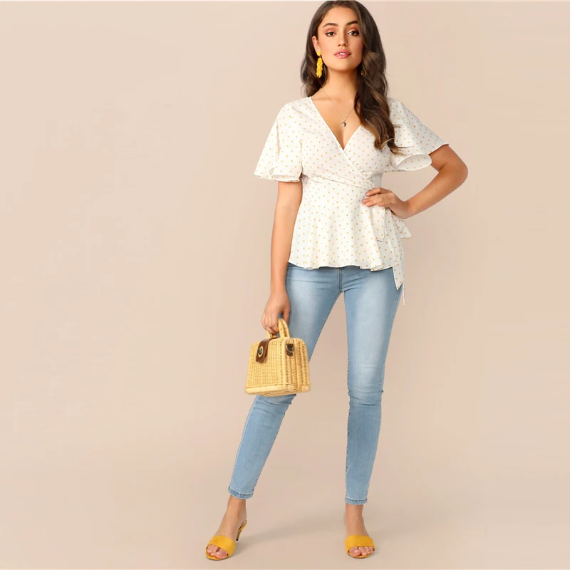 SHEIN блуза в горошек с вырезом на спине, поясом и баской,, Boho, короткий рукав, Узелок, женские летние топы и блузки с v-образным вырезом
