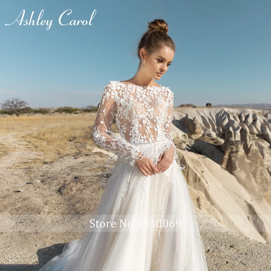 Ashley Carol Иллюзия лодочка шеи с длинным рукавом свадебное платье бисерные аппликации Пояса романтическое свободное платье Vestido De Novia