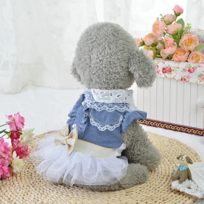 Lace Jean Dog Dress Summer Breathable England Style Bow Tie Chiffon Pet Shirt Puppy Cat Dresses For Small Dogs Teddy Chihuahua |
