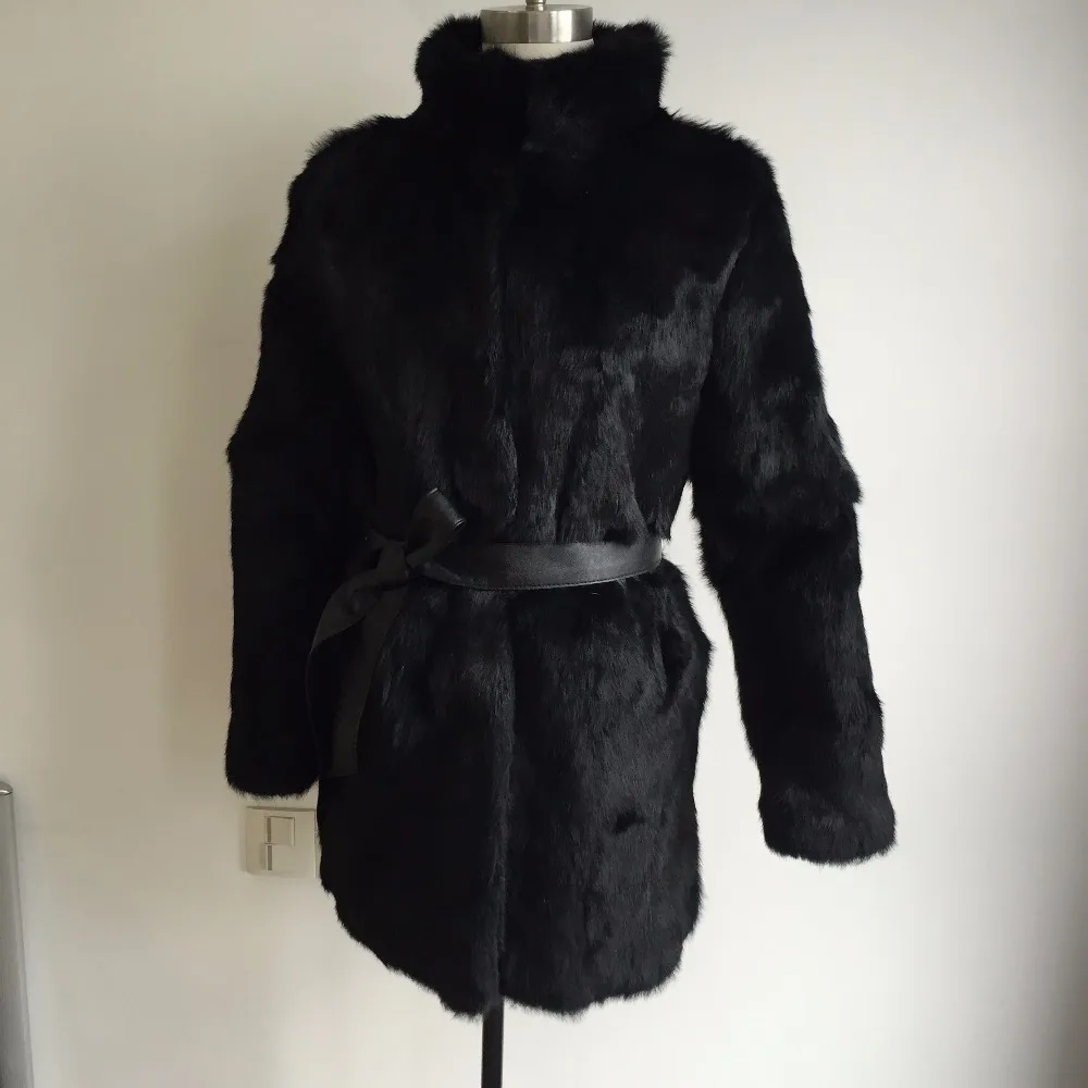 Женское длинное пальто из натурального меха с воротником стойкой|real rabbit fur coat|real
