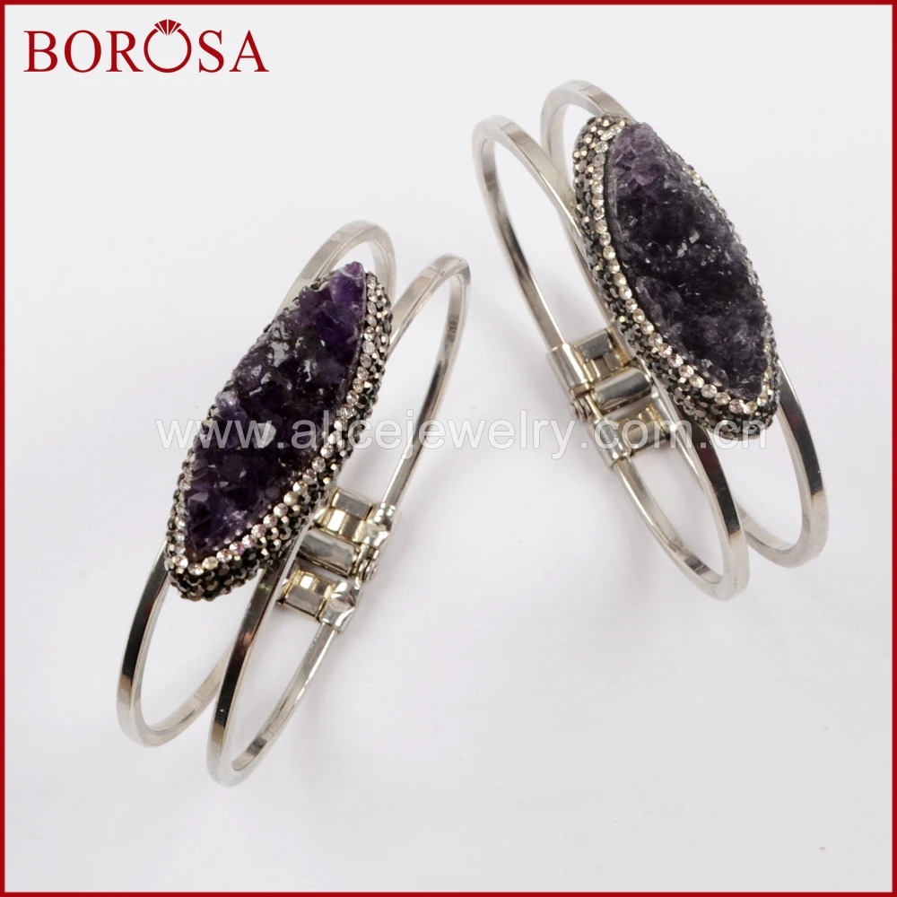 

BOROSA 3/5PCS Natural Marquise Amethysts Silver Color Bangles Crystal Pave Druzy Crystal Bracelets Drusy Bangle Jewelry JAB942