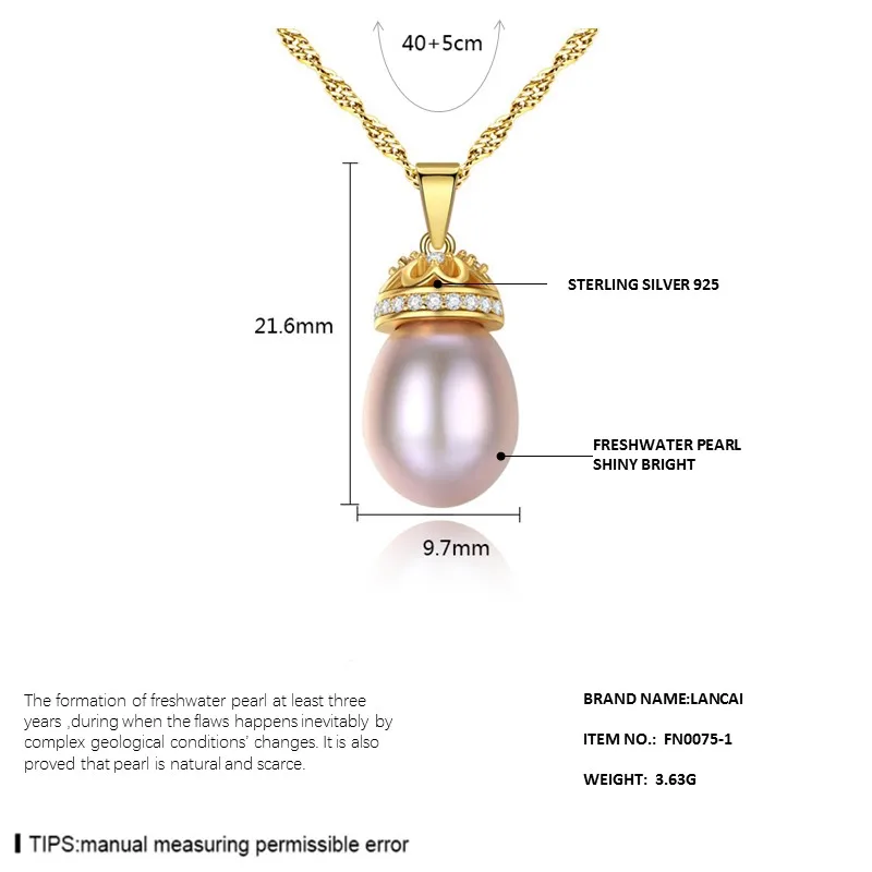 LANCAI 925 Sterling Silver Necklace Natural 9-10mm Freshwater Pearl 18K Gold Plated Pendant for Women Fine Jewelry | Украшения и