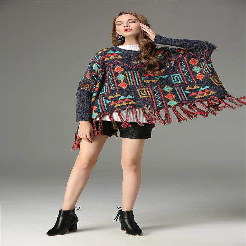 OUCAG New Autumn Winter O-Neck Cape Vintage Coat Hedging Women Bat Shawl Loose Sweater Ladies Fringed Trend Cloak | Женская одежда
