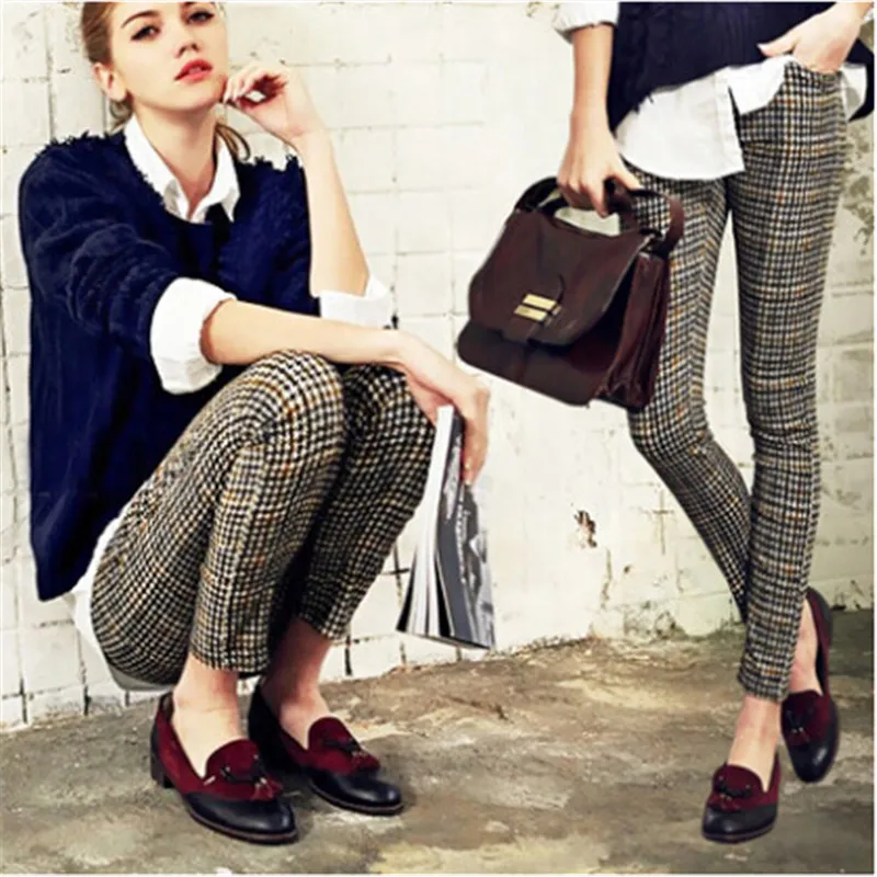 Клетчатые Модные женские осенние брюки 2021 зимние леггинсы Брендовые узкие