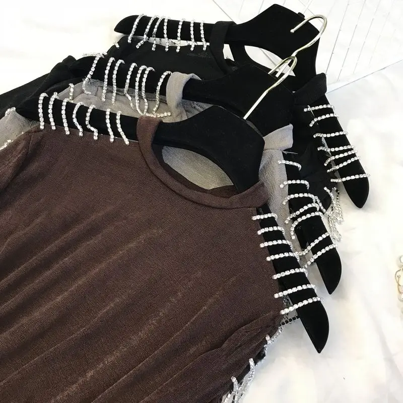 

2019 New Fashion Spring Women's Shoulder Drill Chain Long Sleeve T-shirt Female Sexy Slim Basic Shirt All-match Tops