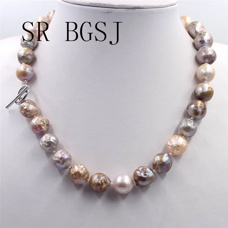 

Free Shipping 12-14mm Elegant Jewelry Nearly Knot Round Reborn Edsion Freshwater Big Pearl Necklace 18"