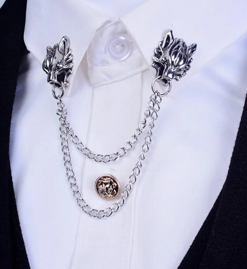 

Vintage Style Silver Unisex Jewelry Dragon Tip Collar Clip Chain Brooch Pins Accessories Gift For Women Men