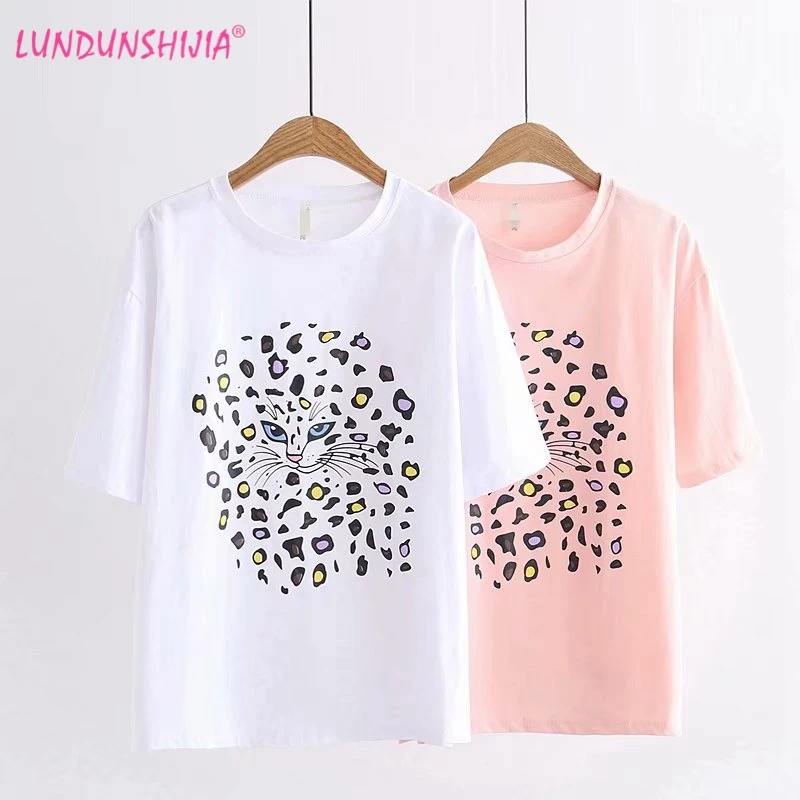 Летние женские футболки LUNDUNSHIJIA 2019 модный топ с принтом кота Женская свободная