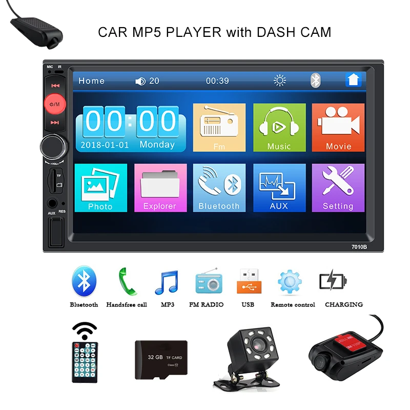 2 Din Авторадио Автомагнитола с сенсорным экраном радио Bluetooth 7010B камера заднего