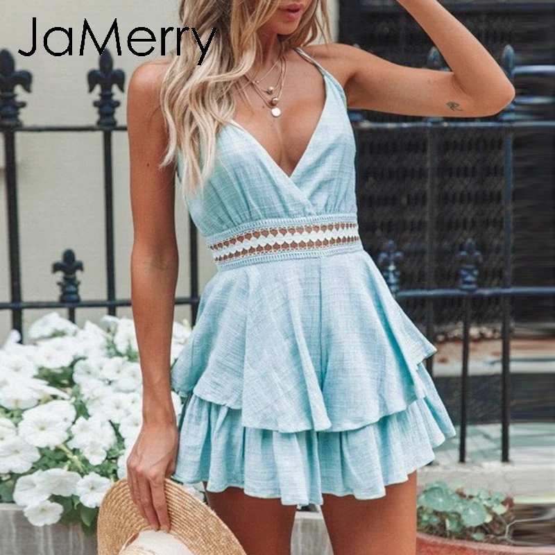 JaMerry, винтажный, сексуальный, без рукавов, женский комбинезон, летний, открытая спина, синий, короткий, комбинезон, Повседневный, женский, комбинезон
