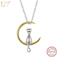 u7 100 925 sterling silver catkitten sit on moon pendant chain valentines day gift for women animal jewelry necklace sc37