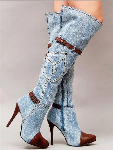 

Plus Size 13 Denim Womens Thigh High Boots Pointed Toe Buckle Strap Thin Heels Jeans Ladies Boots for Winter Sexy Overknees Boot