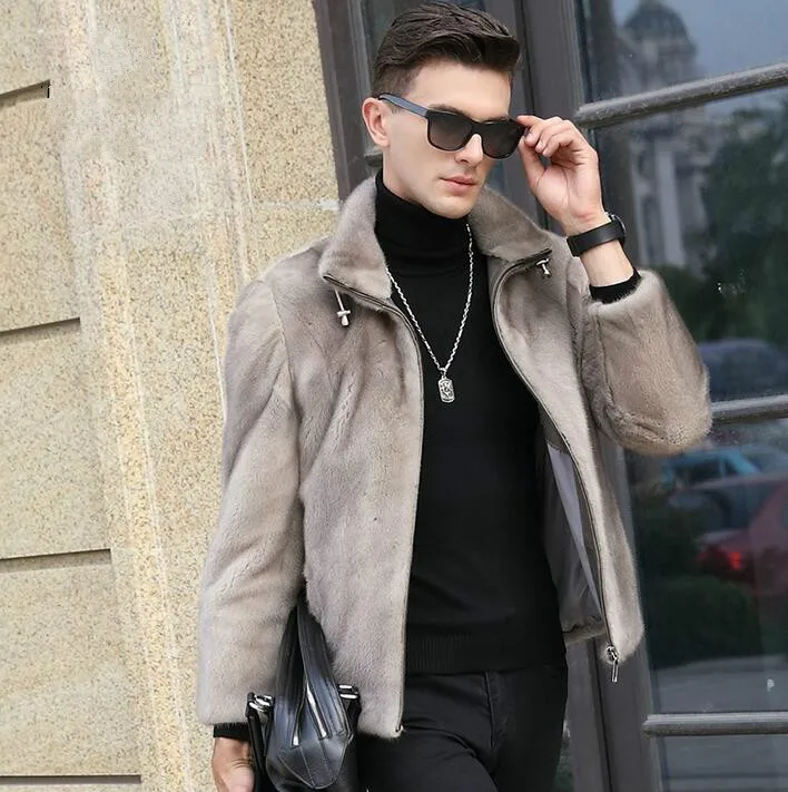 Winter autumn thicken thermal mink fur pearl marten fur leather jackets men casual mens loose coats outerwear fashion overcoat